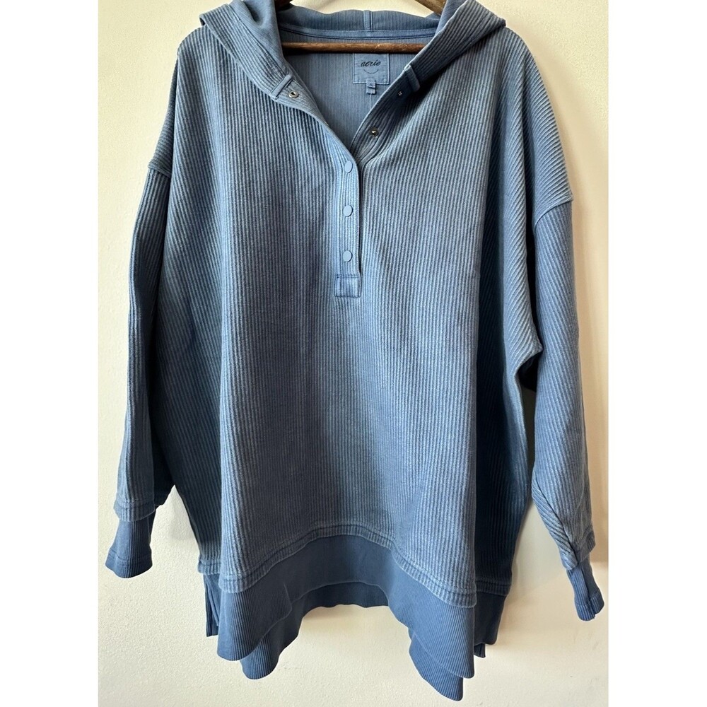 Aerie Slate Blue Ribbed Henley Hoodie Oversized Gorpcore Sweatshirt NWT XL